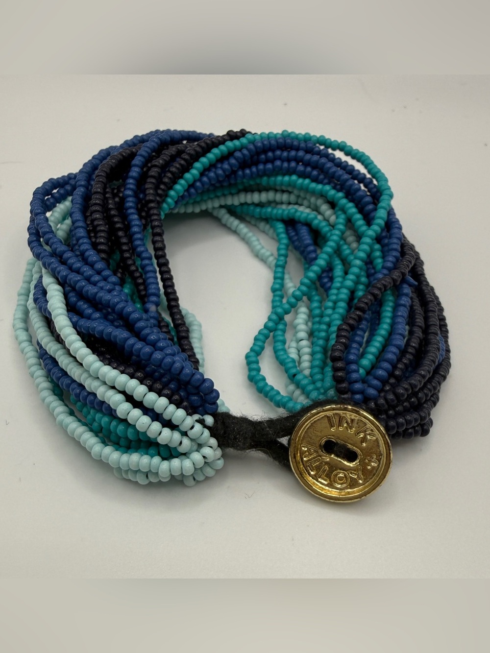 Ink+Alloy Multi-Strand Blue & Teal Seed Bead Bracelet with Gold-Tone Button